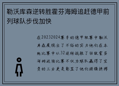 勒沃库森逆转胜霍芬海姆追赶德甲前列球队步伐加快