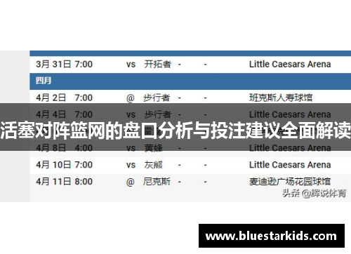 活塞对阵篮网的盘口分析与投注建议全面解读